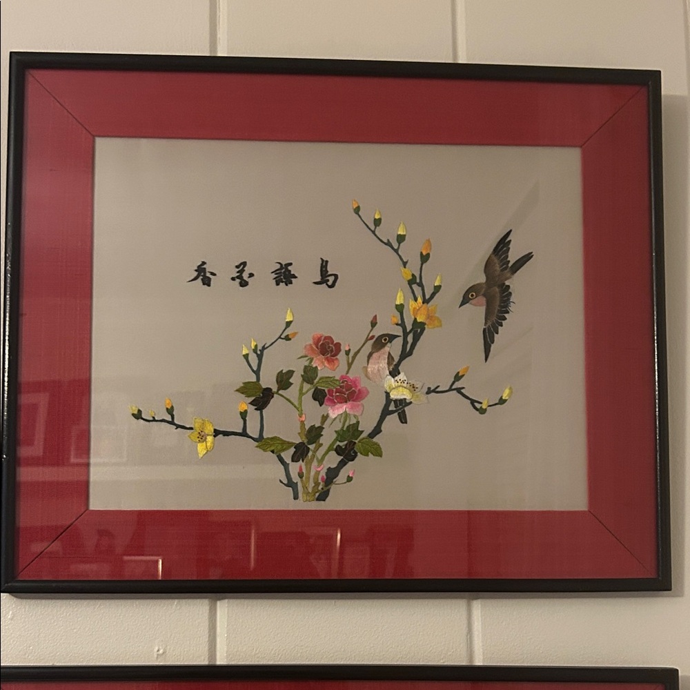 Framed Floral and Bird Embroidery Art